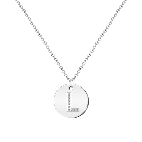 cotigo - Collar Letra acero inoxidable - Colgante letra inicial A-Z - Collar mujer – Cadena con dije letras - Regalo personalizado para mujer, niña, mejor amiga (L con Circonita-Plateado)