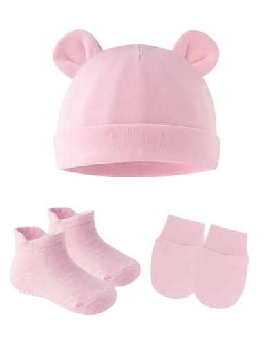 Image of ZURLEFY Cotton Ears Baby Hats Mittens with Socks Set Unisex, No Scratch Mittens and Beanie Cap for Infant Toddler Newborn