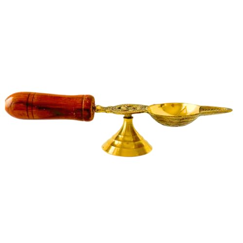 Image of 100% Pure Brass Spoon Aarti Diya with Wooden Handle | Medium Size Pooja Diya | Traditional Oil Lamp for Temple, Prayer & Festivals | Housewarming & Indian Ceremonial Gifting
