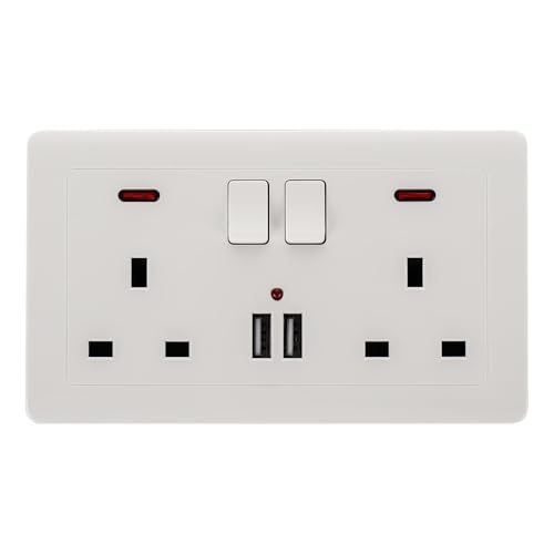 Dhouse Double Switched 13 A Electrical Double Socket with Two USB Charging Ports Square Edge Double Plug Wall Socket with LED for Home Office Hotel (White)