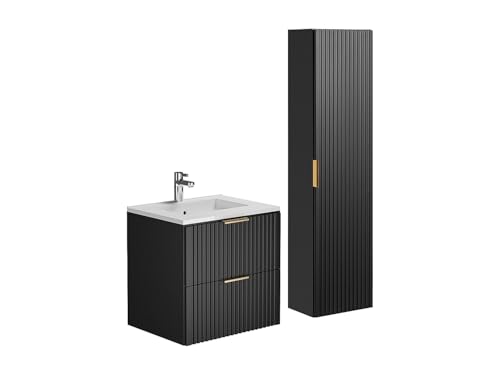 Vente-unique - Meuble de Salle de Bain strié avec Vasque à encastrer et Colonne - Noir - 60 cm - ZEVARA
