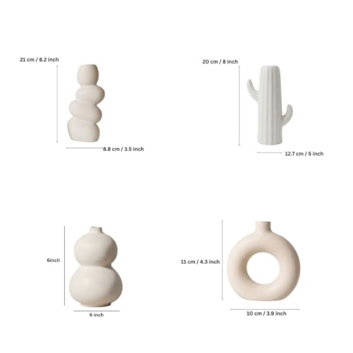 Image of Modern Ceramic Vase Set of 4 | Nordic Minimalist Donut, Bubble, Twisted & Cactus Design Decorative Flower Vases | Matte White Home Decor for Living Room, Center Table & Shelf