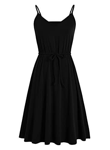 Women's Casual Summer Dress Beach Sleeveless Spaghetti Strap Adjustable Waist A Line Sun Dresses with Pockets 8263