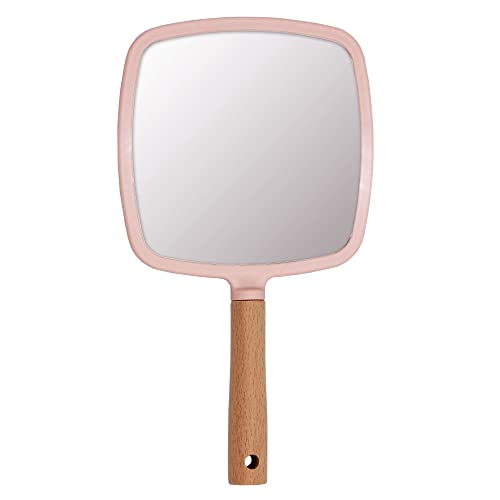 Eaoundm Espejo de mano para maquillaje, pequeño espejo de mano de madera portátil espejo de tocador de viaje para hombres y mujeres (rosa-cuadrado) Cover