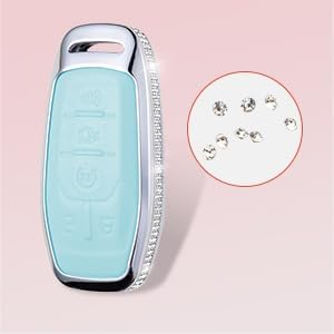 for Ford Key Fob Cover with Keychain, Blue Leather Rhinestone Key Case Protection Shell Compatible with Fusion Mustang F150 Edge Explorer Lincoln MKZ MKC MKX Bling Car Accessories - Image 5