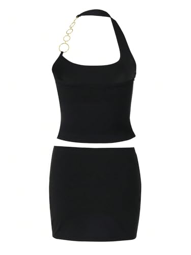 MakeMeChic Women's Two Piece Club Outfit Chain Halter Crop Tops and Bodycon Mini Skirt Set Black Small