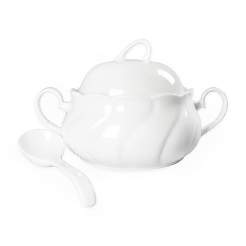 dingdaer Ceramic Serving Soup Tureen Bowls with Lid and soup spoon, 2.1 QT White French Serving Tureen, Lovely Soup Pot for Casserole dish Salad Pasta Noodles Stew, Microwave Dishwasher Safe