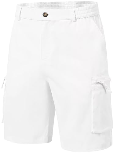 QPNGRP Mens 9 Inseam Stretch Waist Zipper Cargo Shorts with 6 Pockets White 34