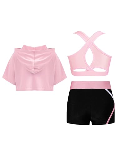 Kids Girls Sport Outfits Short Sleeve Hooded Crop Tank Top and Short Set Pieces Workout Tracksuit2