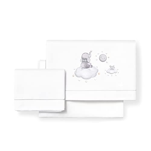 Linge de lit de bébé Elefante Nube en coton doux lavable blanc et gris