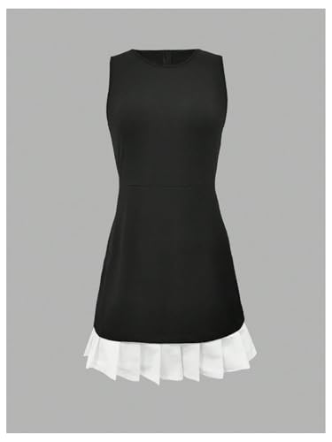 GORGLITTER Women's Color Block Pleated Mini Dress Ruffle Sleeveless Crewneck Business Work Bodycon Bubble Dress4