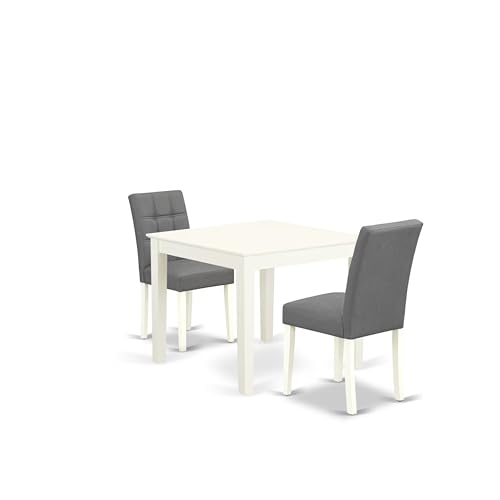 East West Furniture OXAS3-LWH-41 3 Piece Dinner Table Set consists A Dining Kitchen Table and 2 Platinum Gray Polyester Fabric Wood Chairs with Stylish Back- Linen White Finish