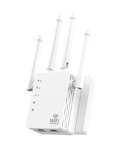 Image of WiFi Extender Signal Booster, WiFi Extender, WiFi Booster for Home 1200Mbps | High-speed 1200Mbps dual-band WiFi, 12880 sq.ft coverage, 105 devices, 4 antennas, 2 Ethernet ports, easy setup