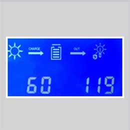 LCD display of MakeSkyBlue MPPT Solar Charge Controller V119 showing charge status and numerical values