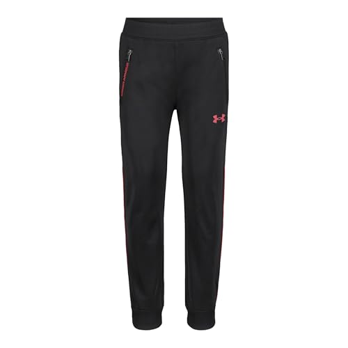 Under Armour Calça de moletom masculina afunilada estilo jogger com bolsos com zíper, Detalhe preto/vermelho, 2 Anos