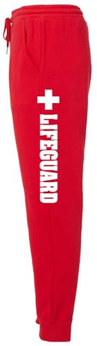 Lifeguard + Beach Patrol Fleece Joggers Water Safety Rescue Team Printed Sweatpants Athletic Pants for Men & Women, Red - XS
