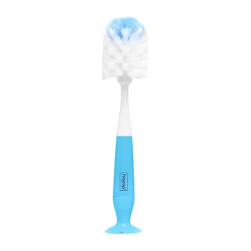 Image of Hopop 2-in-1 Baby Feeding Bottle Cleaning Brush: Durable, Flexible Bristles & Nipple Cleaner, Comfortable Grip, Suction Base for Organized Kitchen - Blue