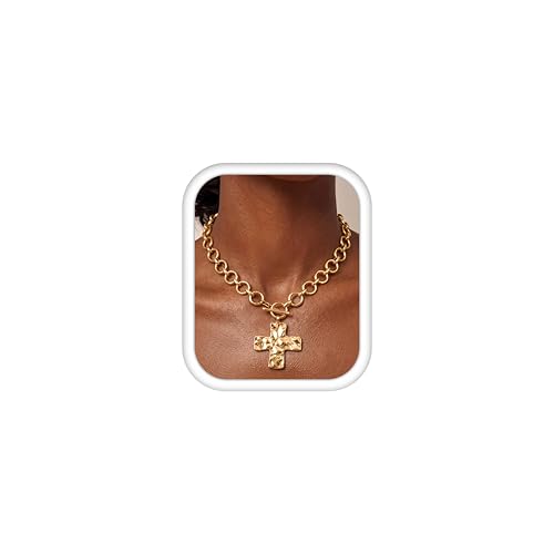 TEN MIRO 18k Gold Chunky Cross Necklace for Women Non Tarnish Cross Choker Necklaces Hammered Bold Statement Necklace Stacks Chunky Gold Chain Stacked Link Chain Necklaces