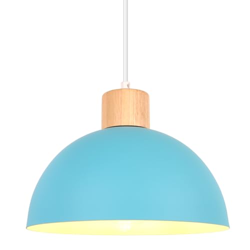 iDEGU 25cm Retro Pendant Light E27 LED Ceiling Light Modern Scandinavian Style Hemisphere Hanging Lampshade Metal Wood Pendant Light Fixture for Bedroom Dining Room Kitchen Restaurant (Blue)