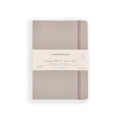 Image of myPAPERCLIP Signature Series A5 Ruled Notebook | 192 Pages, 90 GSM Recycled Paper, Soft Cover, A5 (5.83 x 8.27 in) | Flat Lay | Bookmark & Elastic Closure | Grigio