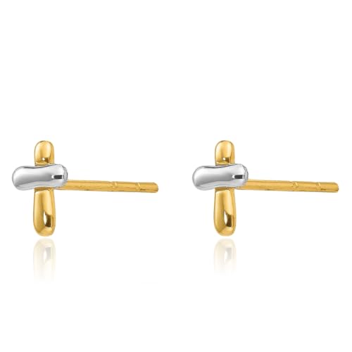 14K Solid Two Tone Gold Holy Cross Drop Dangle Christian Religious Stud Earrings3