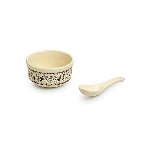 Image of ExclusiveLane 'Warli Village Tales' Handpainted Ceramic Soup Bowl with Spoon Set of 2 (300 ml, Dishwasher & Microwave Safe Bowls, Beige)|Soup Bowl Ceramic Bowl Set of 2 Soup Bowl Set for Kitchen