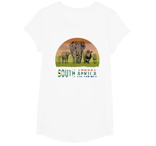 Big Five Retro Sunset Design for South Africa Safari T-Shirt, Girls, White, Medium