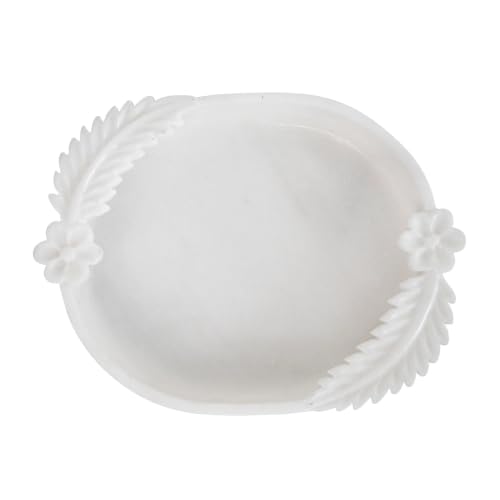 Image of Marble Urli Bowl for Decoration | Big Potpourri Decorative Bowls in Home decor | Large White Floating Flower Plates of Stone | Small Shape puja Item | (12 inch, Leafy Bowl)