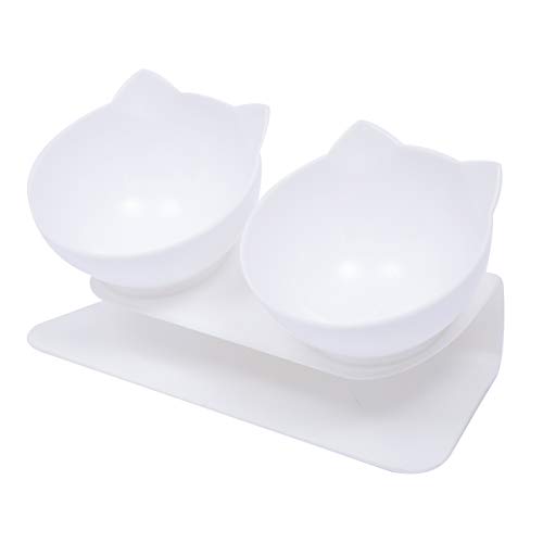 WANGSCANIS Doppelschichtiger rutschfester Katzennapf Einzel-/Doppelnapf 15° geneigte Plattform Nackenschutz erhöhter Haustier-Futterspender beweglicher Futter- und Wassernapf, weiß, 13cm*27.5cm*13.5cm