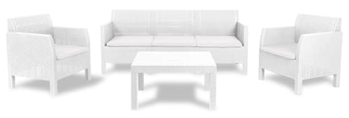 CARATTERISTICHE: Il peso prodotto è di 33,94 kg, elegante effetto rattan, 1 divanetto da 3 posti, 1 tavolino, 2 poltrone, le poltrone e il divano sono dotati di cuscini