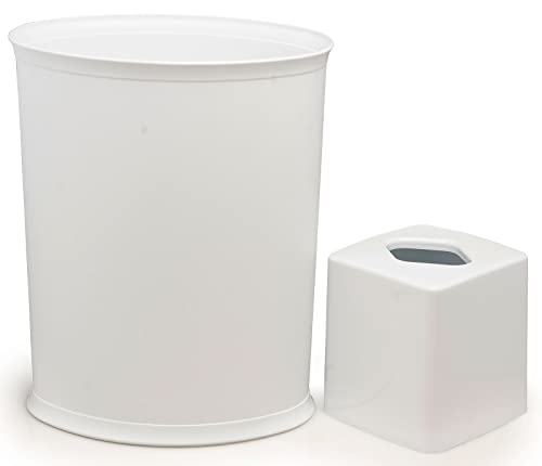 Image of Stephanie Imports Made in USA Set of 2 White Plastic 5-Gallon Waste Basket & Cube Tissue Box Cover