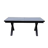 PIES DE MESA DE ALUMINIO EN FORMA DE X: Déjese seducir por el diseño moderno y elegante de la mesa XERES. La estructura de la mesa es de aluminio recubierto para mayor resistencia y durabilidad. Este revestimiento le da un bonito acabado y lo protege de los rayos UV. El tablero de la mesa es de cristal negro templado de 5 mm de grosor. Las patas en forma de X le dan un estilo y una fuerza únicos. ROBUSTO: La mesa extensible para jardín o terraza, con su estructura de aluminio recubierto, durará