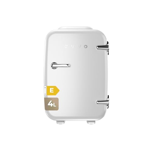 EVVO F4 Nevera Mini Retro Blanca 4L - Frigorífico Mini para Cremas, Maquillaje y Belleza | Mini Nevera Portátil para Habitación, Oficina y Coche | Función Frío y Calor | Silenciosa | 12V/220V