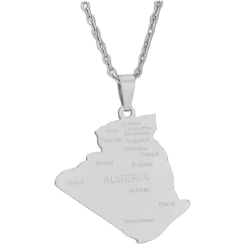 Collier Carte de l'Algérie en Argent, Pendentif Géographique avec Villes, Chaîne Incluse