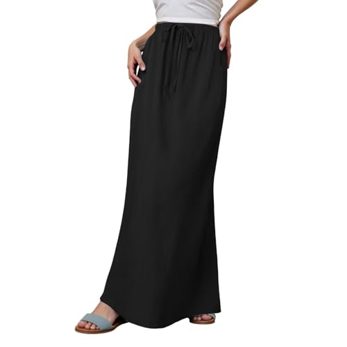 Womens Linen Maxi Skirts Drawstring Waist Line Skirts Flowy Vacation Boho Long Skirts,Low Rise Casual Slim a Line Skirt2