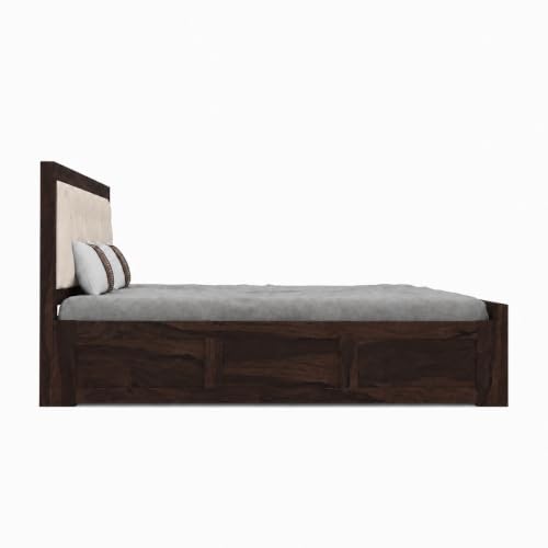 Image of SONA ART & CRAFTS Veronica Solid Sheesham Wood Bed Queen Size with Storage Box + 2 Side Tables | Wooden Bed Queen Size Cot | Upholstered Beds | Double Bed with Storage Box - Walnut Finish