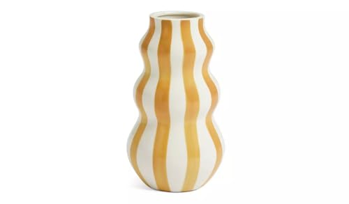 Image of Hand Painted Stripe Ceramic Vase 25cm – Decorative Earthenware Flower Vase, Orange & White Curved Design for Home Decor (Mustard)
