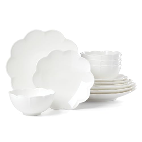 Image of Lenox Dinnerware Set, Studio 1414 Scallop 12-Piece Set, Service For 4, Bone China Material, Dishwasher & Microwave Safe, Home And Kitchen, Kitchen And Dining, Plates And Bowls Sets (White, 12 Pieces)