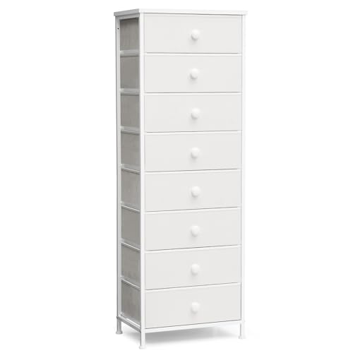 Image of Crestlive Products Tall Dresser, 8-Drawer Fabirc Storage Tower, Chests of Drawers - Vertical Organizer Unit for Bedroom, Hallway, Entryway, Nursery, Closets - Steel Frame, Wood Top & Handles (White)