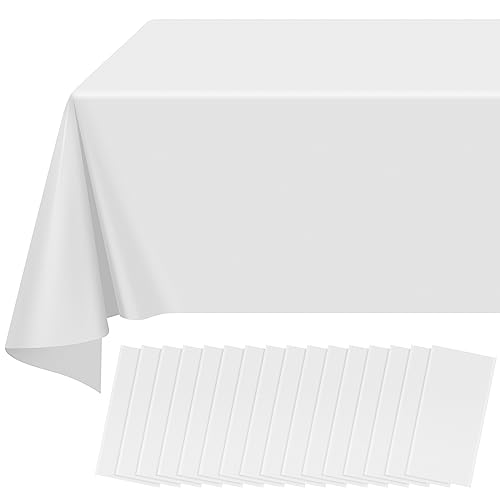 Image of 16 Pack White Plastic Tablecloth for Rectangle Tables, Premium Decorative White Disposable Table Cloths for Parties, Bulk Rectangle Party Table Cover for Birthday, Wedding, Anniversary, 54 x 108 Inch