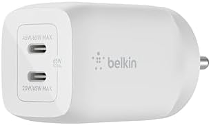 Belkin 65W (45W+20W) USB -C GaN Charger | Fast Charging PD | Gan Technology for Samsung Galaxy S25, Apple iPhone 17, Air, Pro, Pro Max, iPad, MacBook & More | 2 Years Warranty | White