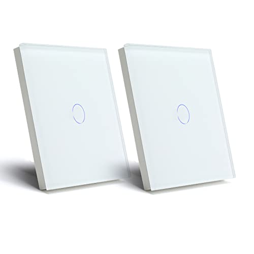 BSEED Lichtschalter, 1 Gang, 1-Weg, Touch-Schalter, Weiß mit LED-Anzeige, Lichtschalter mit Platte aus gehärtetem Glas, ohne Neutralkabel, 2 Packungen (maximale Belastung: 500 W)