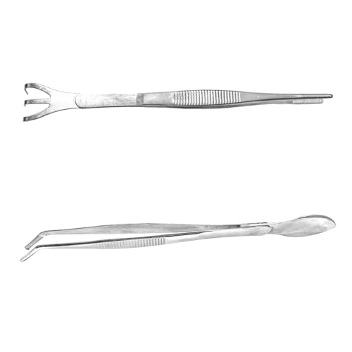 2-in-1 Bonsai Tweezers Set - 8.8 Stainless Steel Long Plant Tweezers with Rake & Spatula Tips Straight + Curved Tools for Bonsai Succulents & Terrariums
