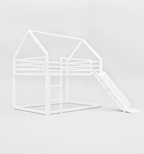 Image of Kids Bunk Bed with Slide & Ladder - House Shaped Twin Over Twin Bed Frame for Boys & Girls | Metal Low Loft Bunk for Toddlers & Children | Modern White Playhouse Bed for Kids Room