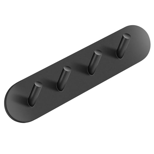 MACOLE Self Adhesive 4 Hooks Rack, Extra Strong Stick On, Heavy Duty Stainless Steel, No Drill Rustproof, Sticky on Wall Door for Towel Coat Keys Bag in Entrance Kitchen Bedroom Bathroom, Black
