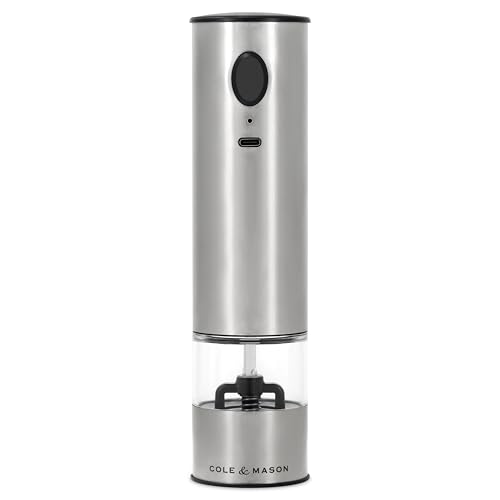 Cole & Mason Battersea 8' USB-C Rechargeable Electric Salt & Pepper Mill, Adjustable Ceramic Grinder, Stainless Steel & Acrylic, One-Hand Push Button Operation
