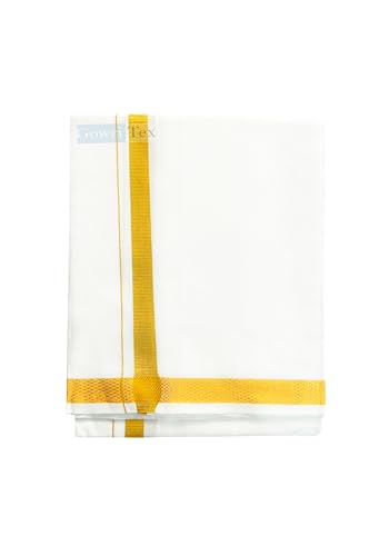 Gowri Tex Men's 100% Pure Cotton White With Gold Jari Lungi in Size 2 Mtrs Single Lungi- Pack Of 1