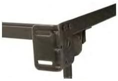 Close-up of a headboard mounting plate attached to a bed frame leg with bolts and washers.