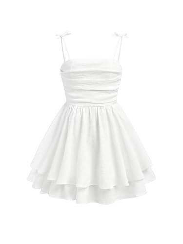 Image of SHENHE Girl's Smocked Ruched A Line Swing Dress Layered Tie Shoulder Flowy Cami Short Dress