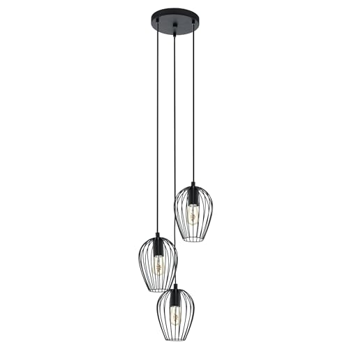 EGLO Pendellampe Newtown, 3 flammige Vintage Pendelleuchte, Retro H&auml;ngelampe aus Stahl, Schwarz, Fassung: E27, &Oslash; 38 cm